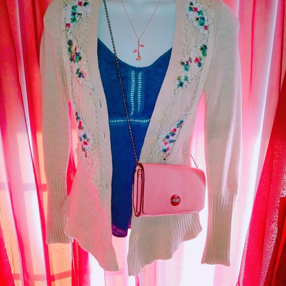 Free People Cream Embroidered Cardigan